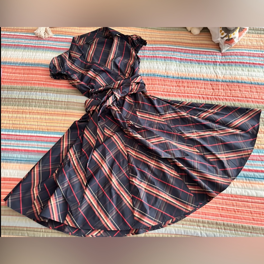 Vintage Y2K Plaid Tartan Puff Sleeve Princess Midi Dress With Belt
